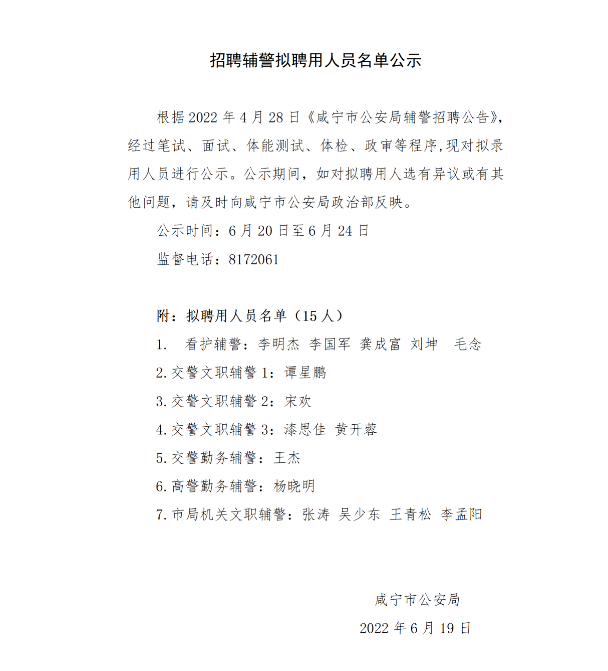 2022年咸寧市公安局招聘輔警擬聘用人員名單公示