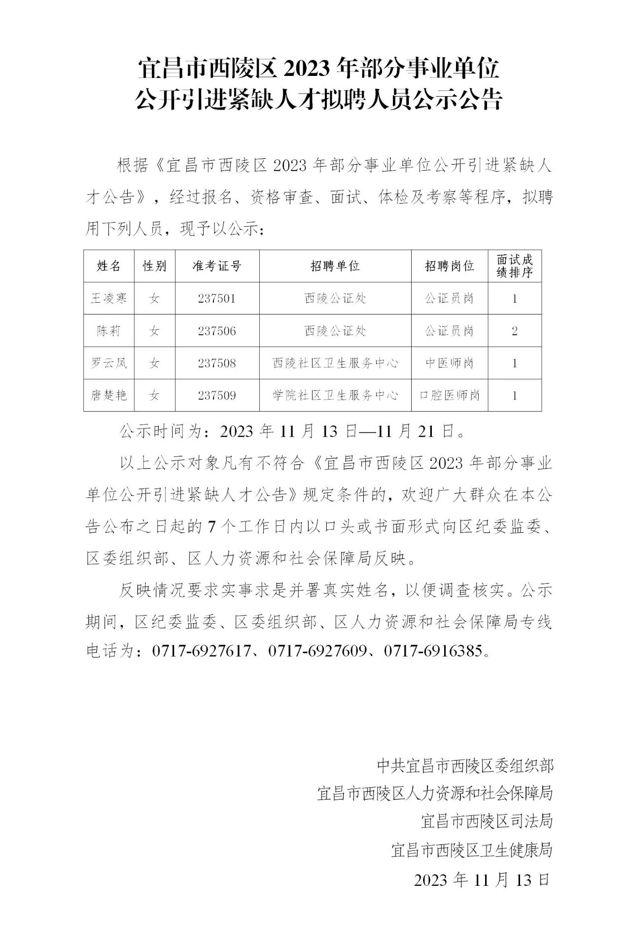 2023年宜昌市西陵区部分事业单位公开引进紧缺人才拟聘人员公示公告