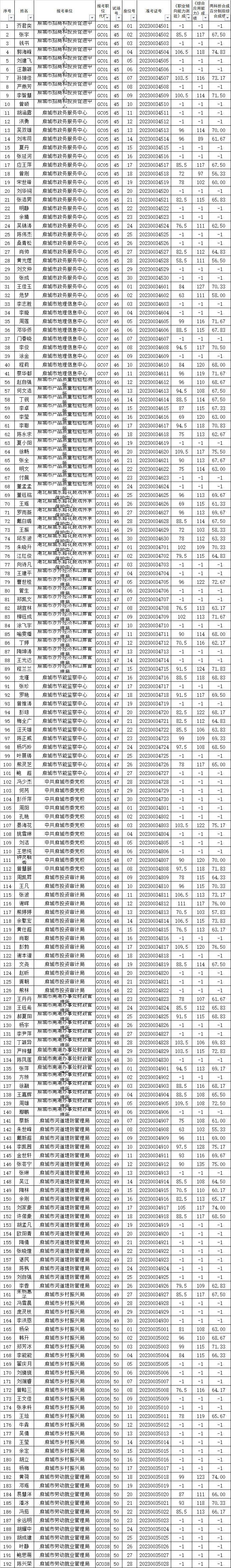 2023年黄冈麻城市公开招聘引进高层次人才笔试成绩公布